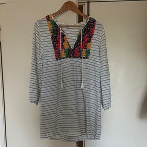 J. Crew Striped Tunic Dress with Multicolor Embroidered V-Neck